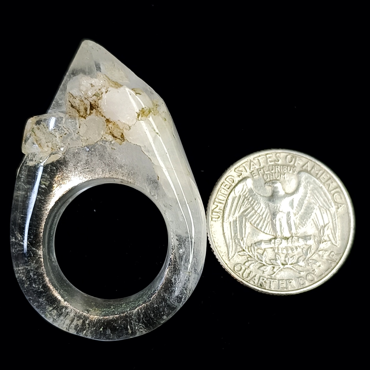 Natural Crystal Ring with 46×30mm polished cabochon, clear quartz statement jewelry piece for healing and fashion.