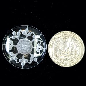 Reverse Intaglio Carved Crystal 29mm round cabochon with detailed carving inside for jewelry and collection.