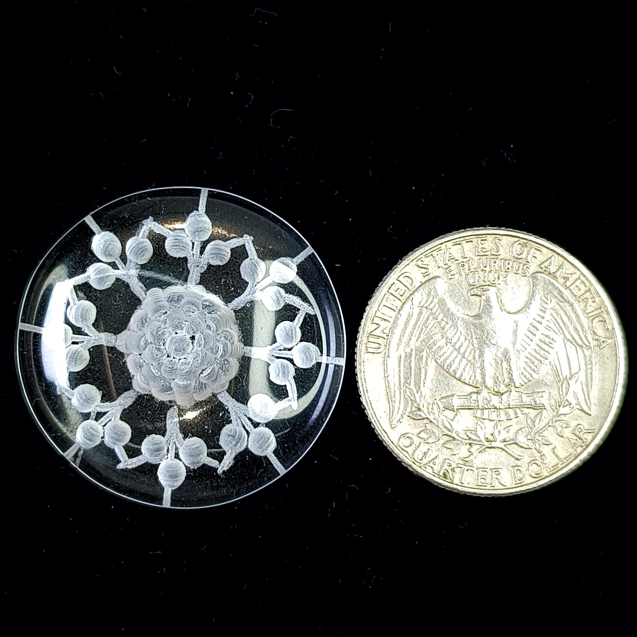 Reverse Intaglio Carved Crystal 29mm round cabochon with detailed carving inside for jewelry and collection.